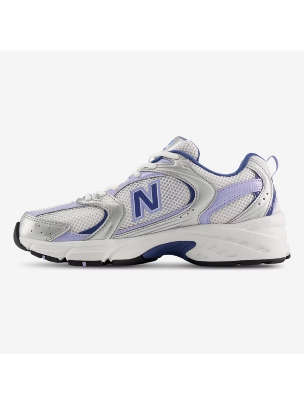 New Balance White, Lavender & Navy Mesh Athletic Sneakers